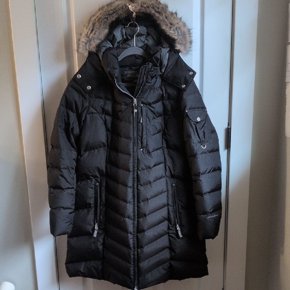 Eddie Bauer Black Puffer Ski Jacket with Faux Fur Hood